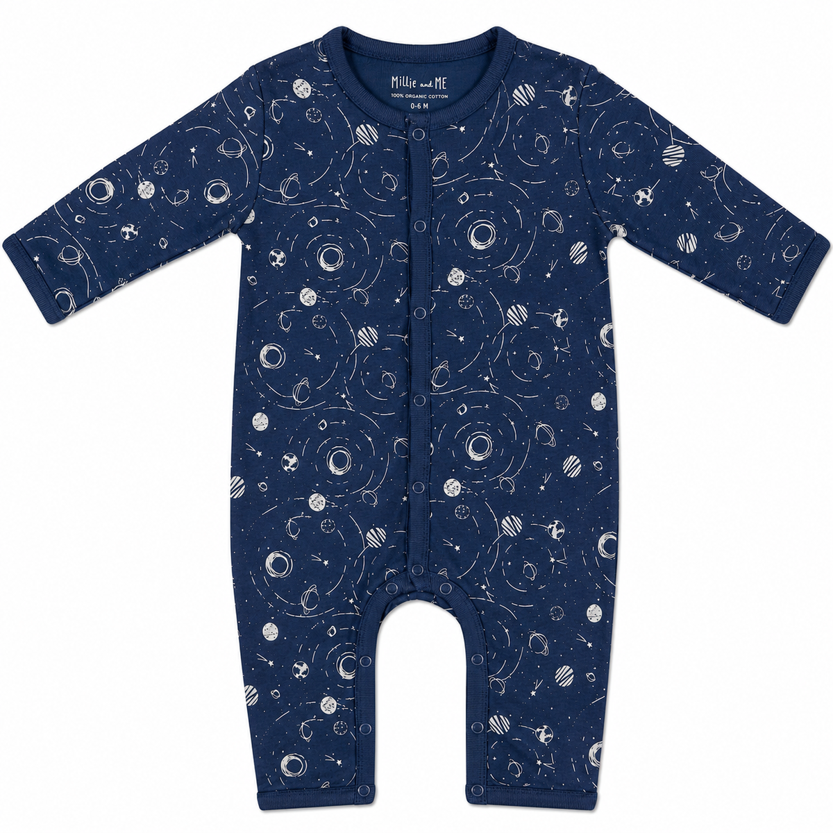 A baby long-sleeve footless one-piece romper in navy blue with a white space-themed print of planets, stars, and orbits, shown flat on a white background.