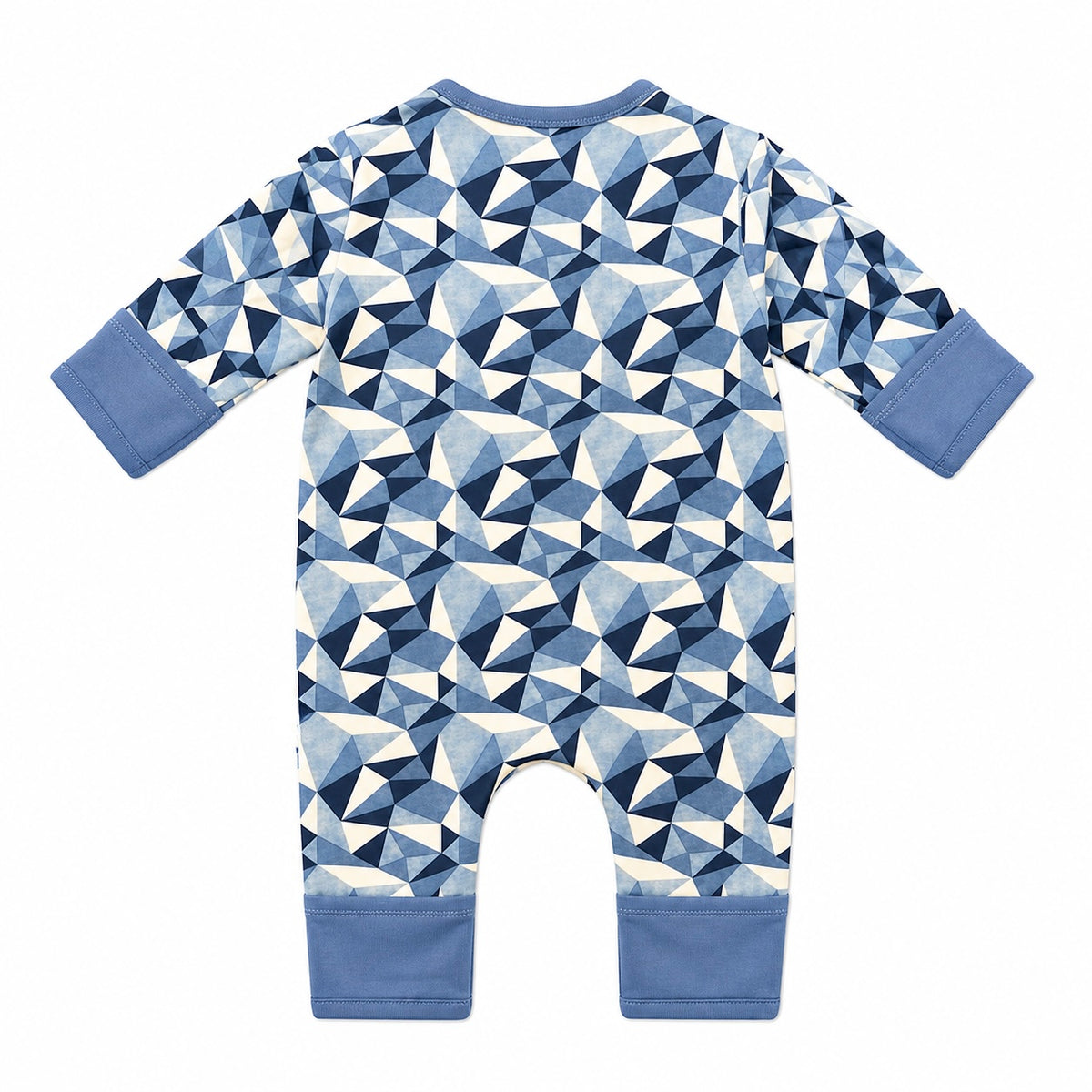 A baby long-sleeve footless one-piece romper with a geometric triangle pattern in shades of blue, navy, and white, featuring solid blue cuffs and leg hems on a white background.