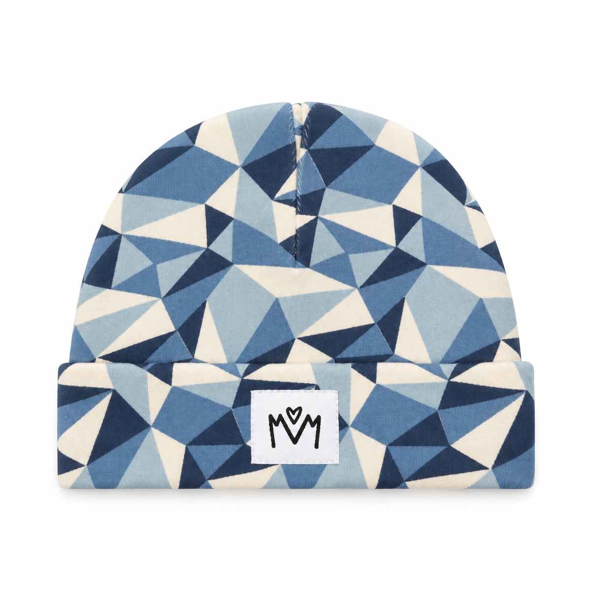 Blue and cream geometric baby hat with fold-up cuff, soft organic cotton newborn hat for babies.