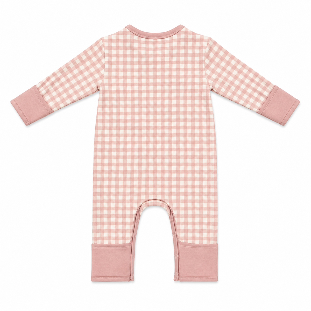 A baby long-sleeve footless romper in a dusty pink and white gingham check pattern, featuring solid dusty pink cuffs and leg cuffs, shown flat on a white background.