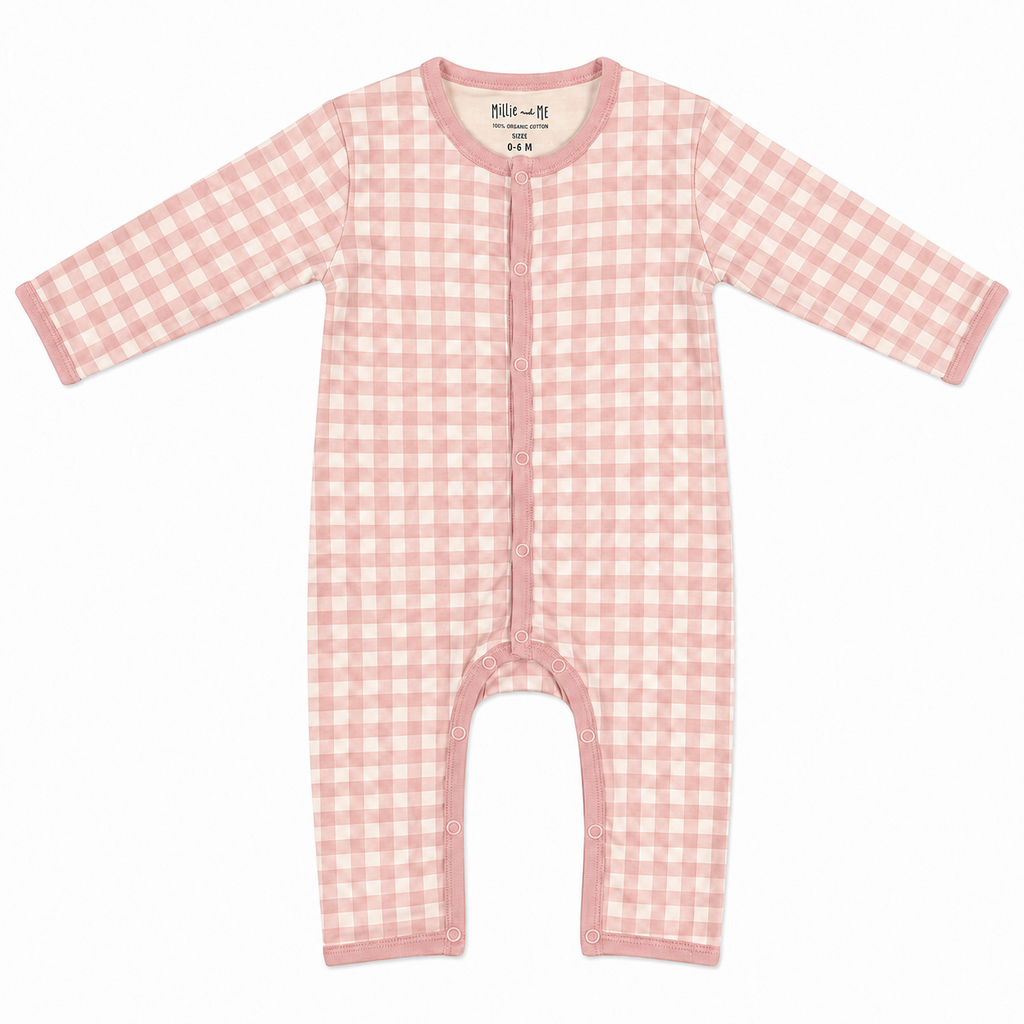 A pink and white gingham long-sleeve baby romper with snap closures, laid flat on a white background.