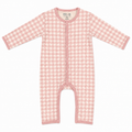 A pink and white gingham long-sleeve baby romper with snap closures, laid flat on a white background.