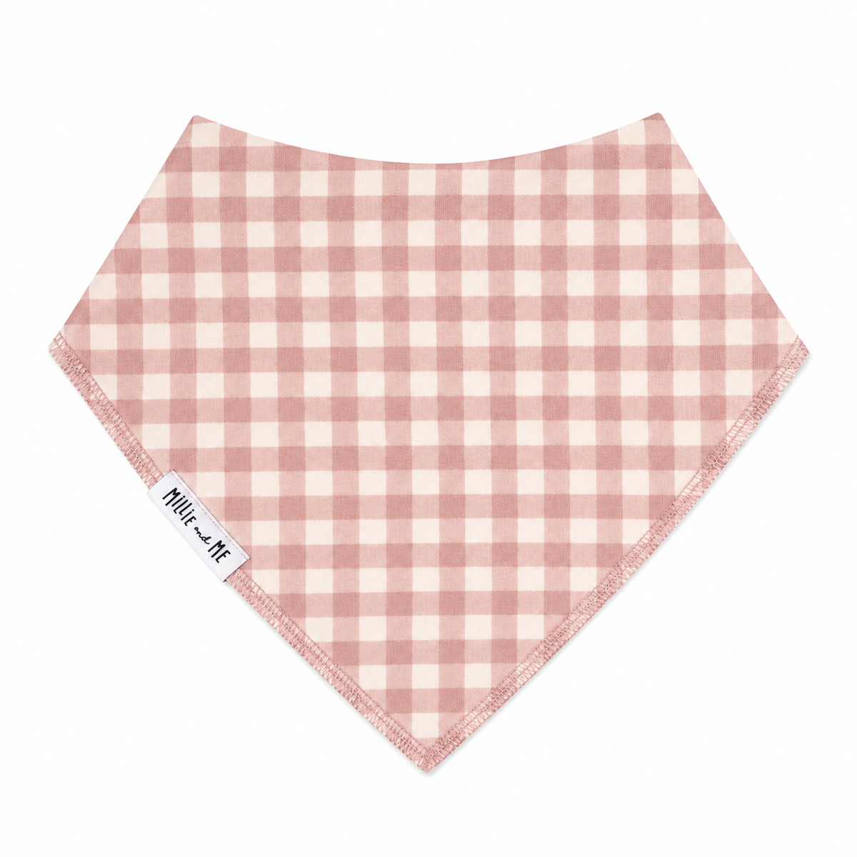 Millie and Me Bandana Bib in Gingham – organic cotton baby bib with a classic pink and cream gingham check pattern, Millie and Me label detail