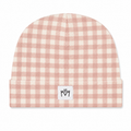 Millie and Me baby beanie hat in pink and cream gingham check pattern with branded label