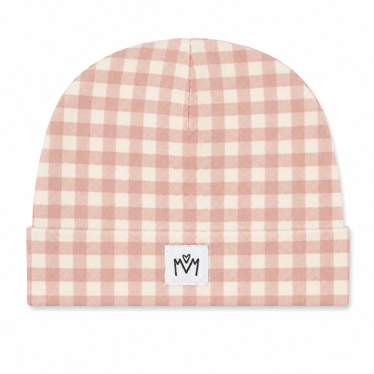 Millie and Me baby beanie hat in pink and cream gingham check pattern with branded label