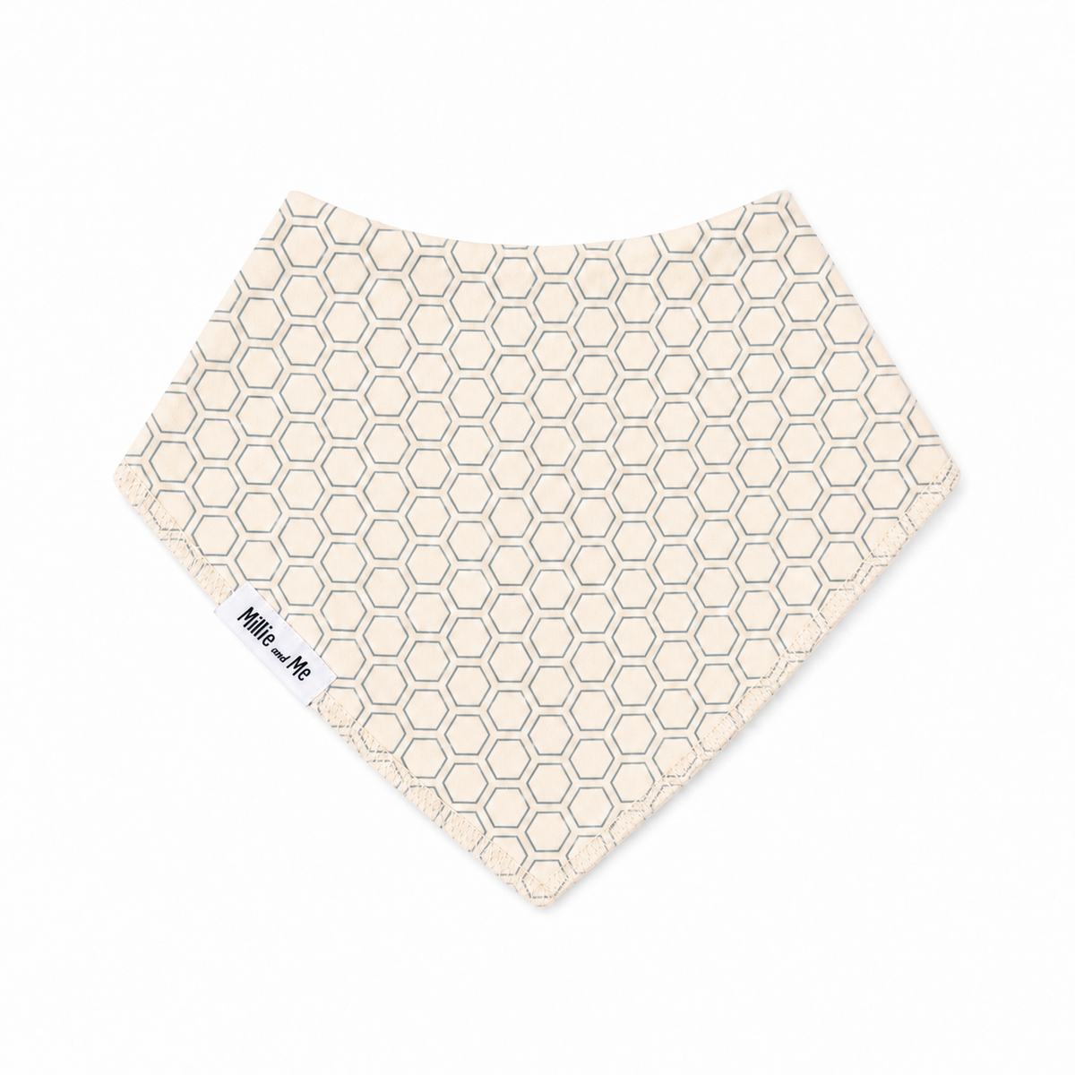 Millie and Me Honeycomb Citadel Bandana Bib, featuring a classic honeycomb pattern in soft Citadel blue-grey on a cream background, with a 100% organic cotton front and adjustable nickel-free poppers for babies from newborn to 24 months.