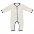 Millie and Me organic cotton baby romper in cream with slate blue honeycomb print, long sleeves and snap fastening, flat lay on white background
