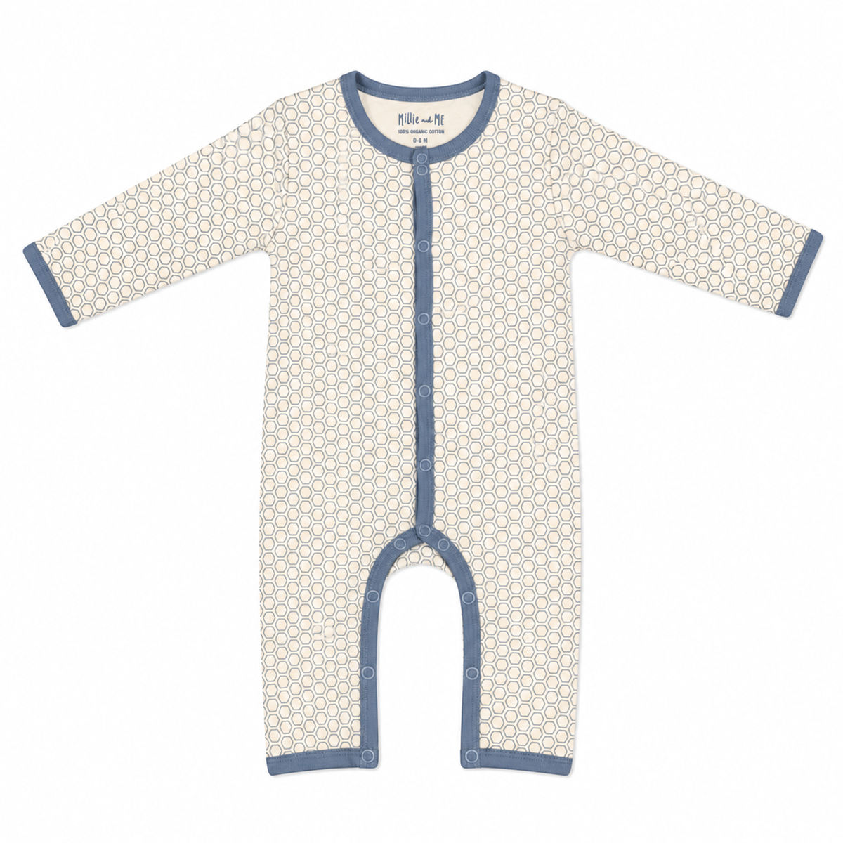 Millie and Me organic cotton baby romper in cream with slate blue honeycomb print, long sleeves and snap fastening, flat lay on white background