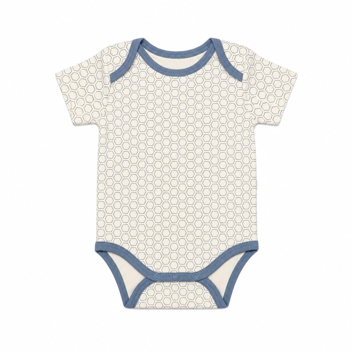 Baby short-sleeve vest bodysuit with honeycomb print and dusty blue trim
