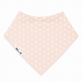 Millie and Me Honeycomb Peach Blossom Bandana Bib, featuring a delicate honeycomb pattern in soft peach blossom pink on a cream background, with a 100% organic cotton front and adjustable nickel-free poppers for babies from newborn to 24 months.