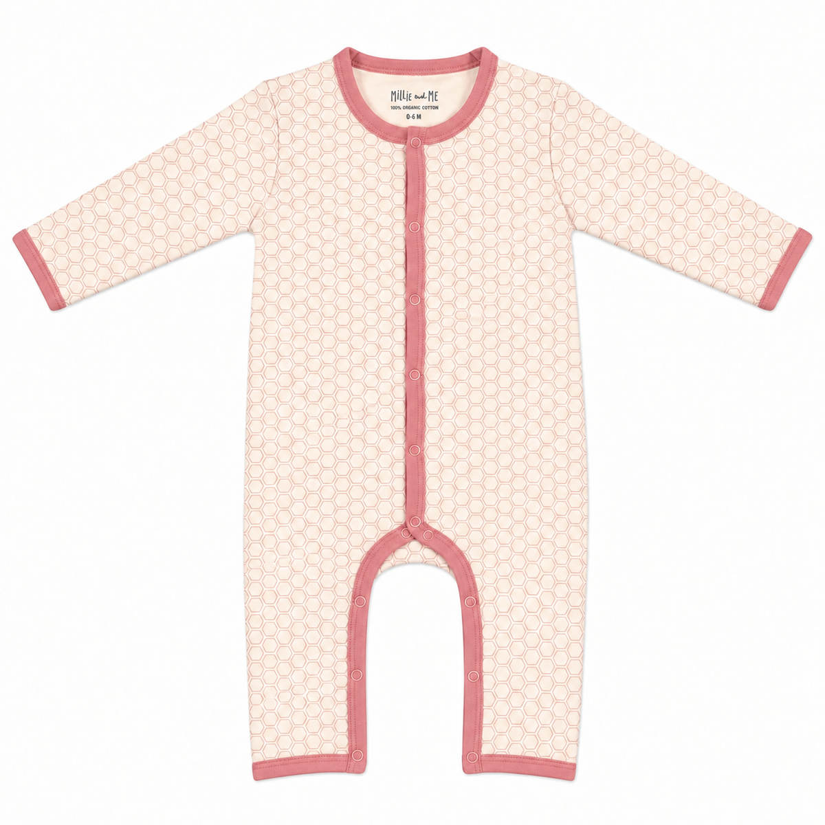 Cream and pink organic cotton baby romper with honeycomb print, long sleeves and popper fastening by Millie and Me.