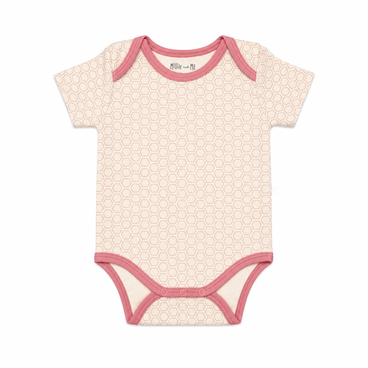 A short-sleeve baby bodysuit with a light pink and white honeycomb, featuring dusty rose pink trim on the collar, sleeve cuffs, and crotch.