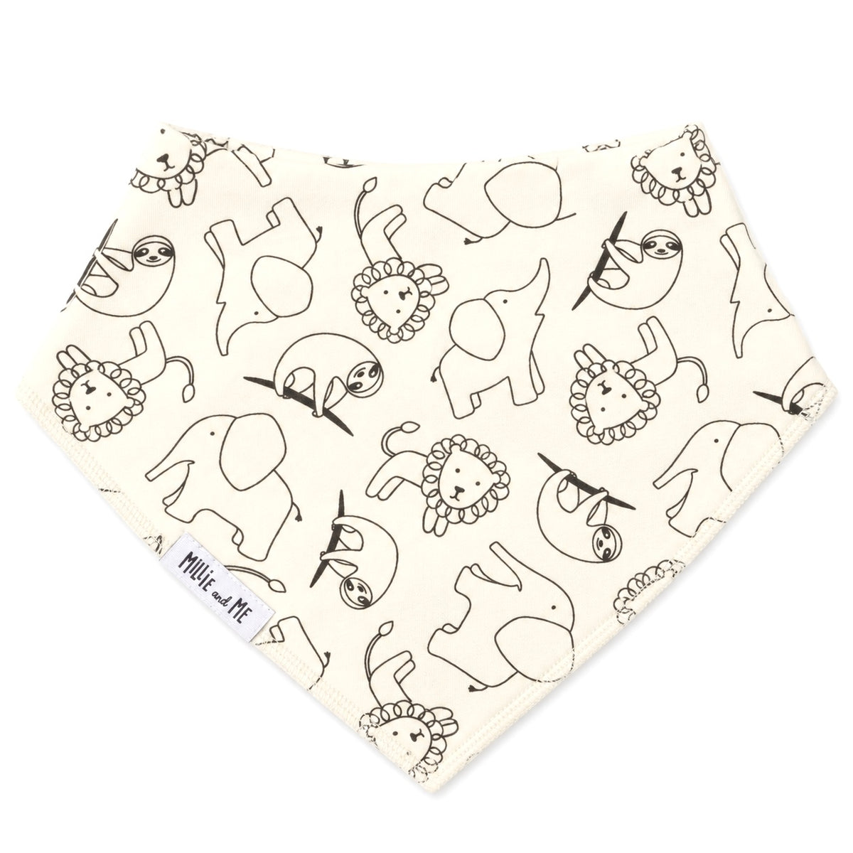 Organic cotton baby bandana bib with cute safari animal print featuring lions, elephants and sloths – Millie and Me babywear