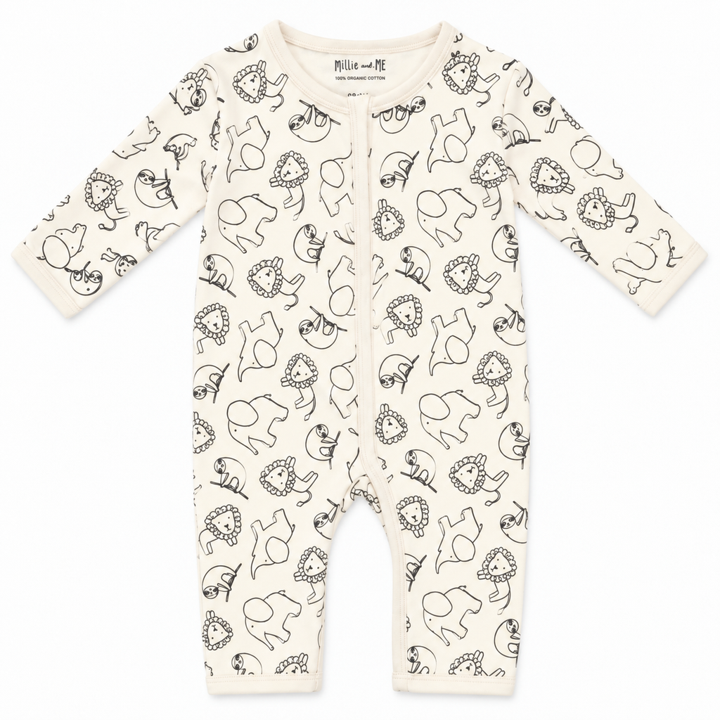 Millie and Me Jungle organic cotton baby romper, front view, featuring a playful jungle animal print in soft grey on a cream background.