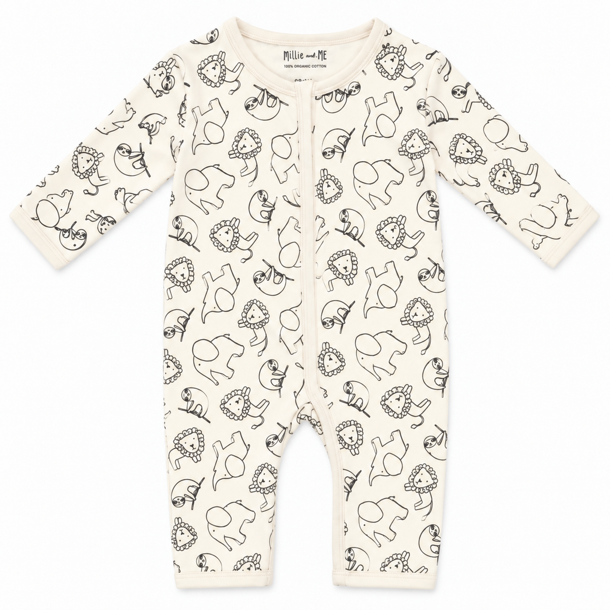 Millie and Me Jungle organic cotton baby romper, front view, featuring a playful jungle animal print in soft grey on a cream background.