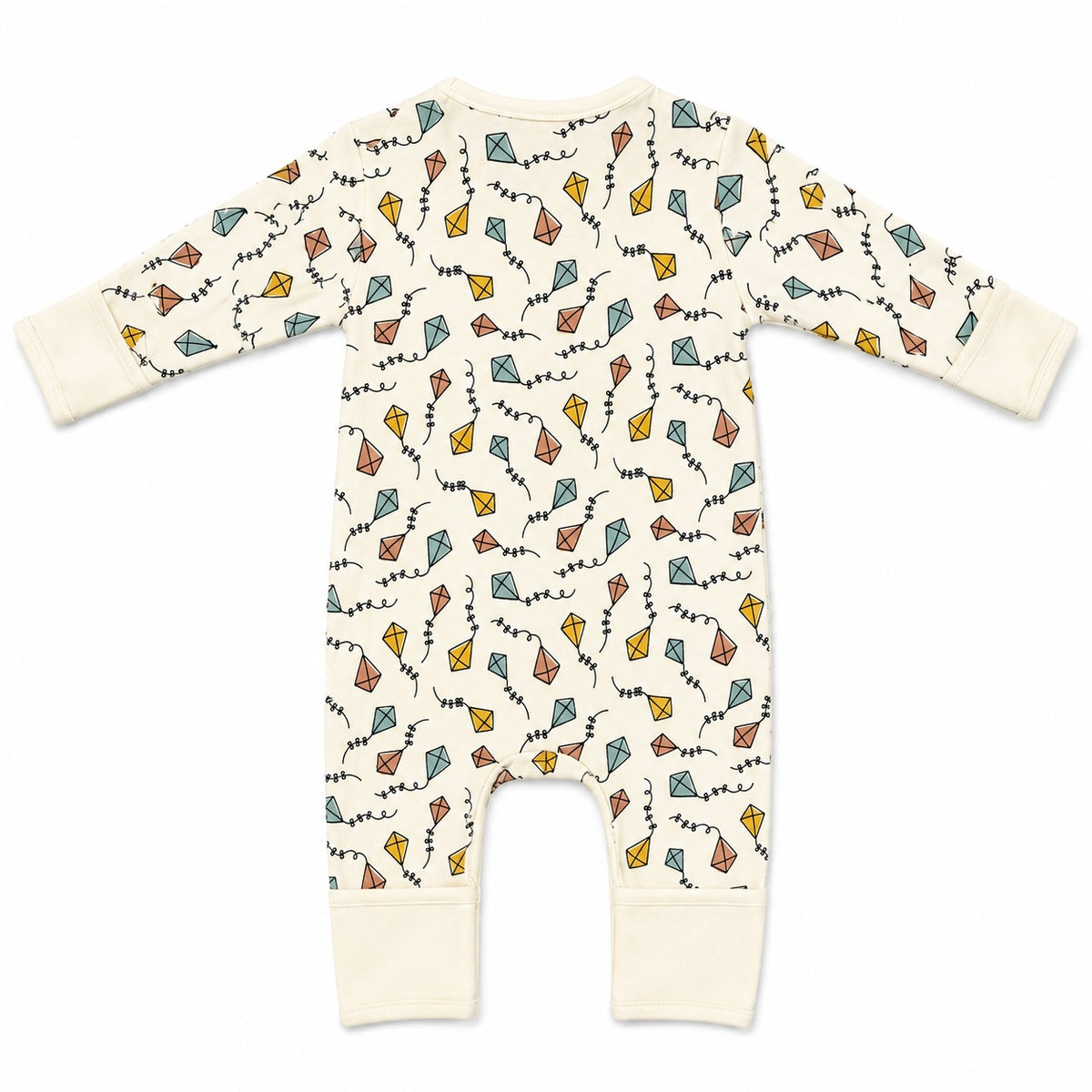 A baby long-sleeve footless one-piece romper in cream with an all-over print of colourful paper kites and squiggly lines, shown flat on a white background.