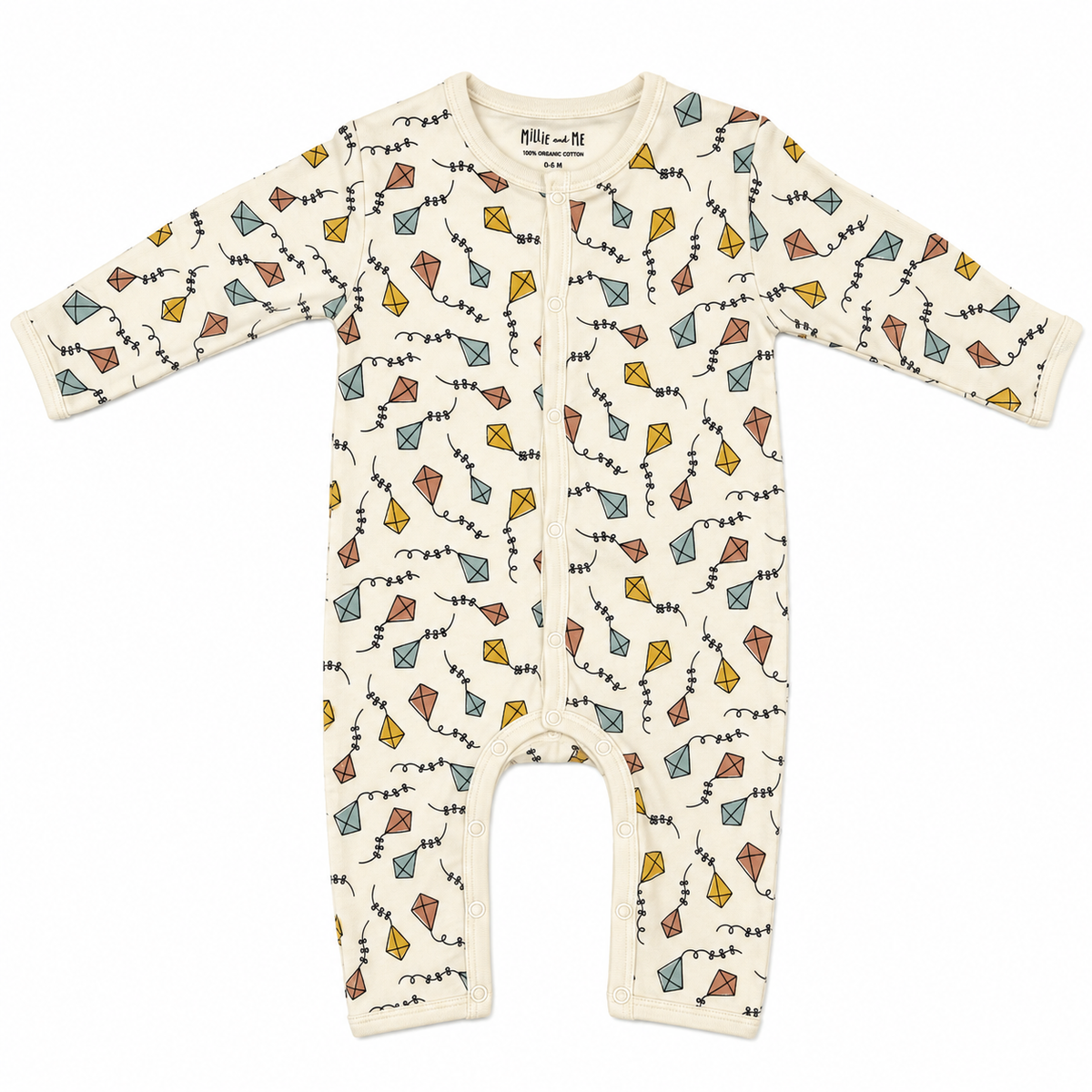 A baby long-sleeve footless sleeper in cream with a colourful pattern of hand-drawn kites and vines. The brand name 'Millie and Me' is visible on the inner neck label.