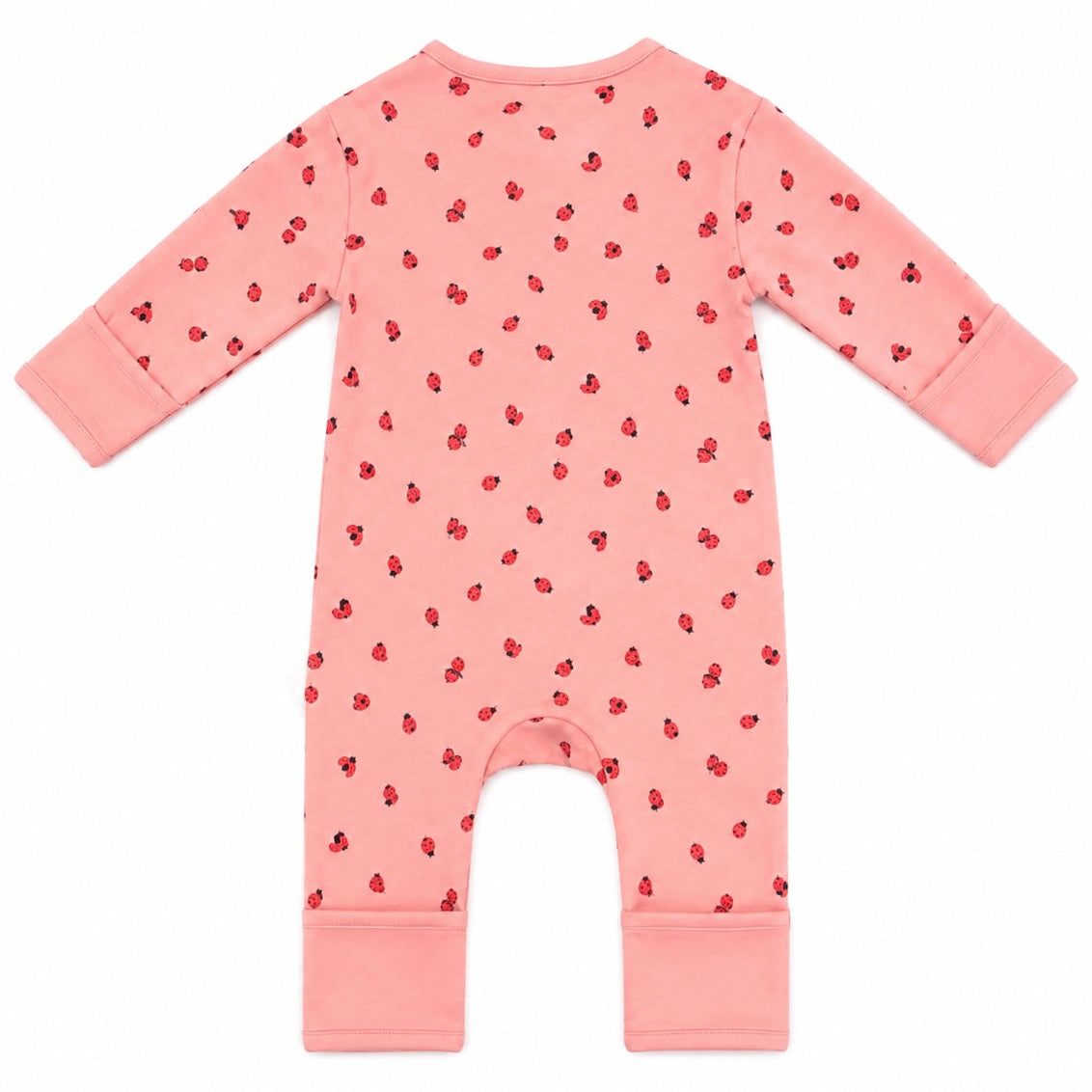 A pink long-sleeve baby romper with a small red strawberry print, shown flat against a white background.