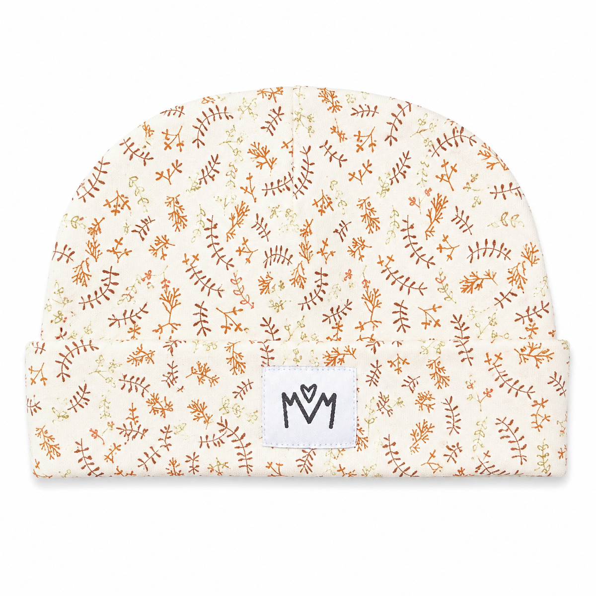 A baby beanie hat featuring an all-over delicate botanical pattern in warm brown and orange on an off-white background, with a white brand patch displaying 'M M' on the front.