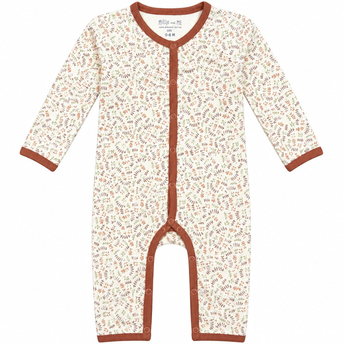 Millie and Me baby romper in cream with scattered leaf print, russet trim and snap fastening, long sleeves - 100% organic cotton