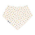 An off-white triangular bandana bib with a multicolor polka dot pattern, featuring a small white label on the lower left corner that reads 'Millie and Me'.