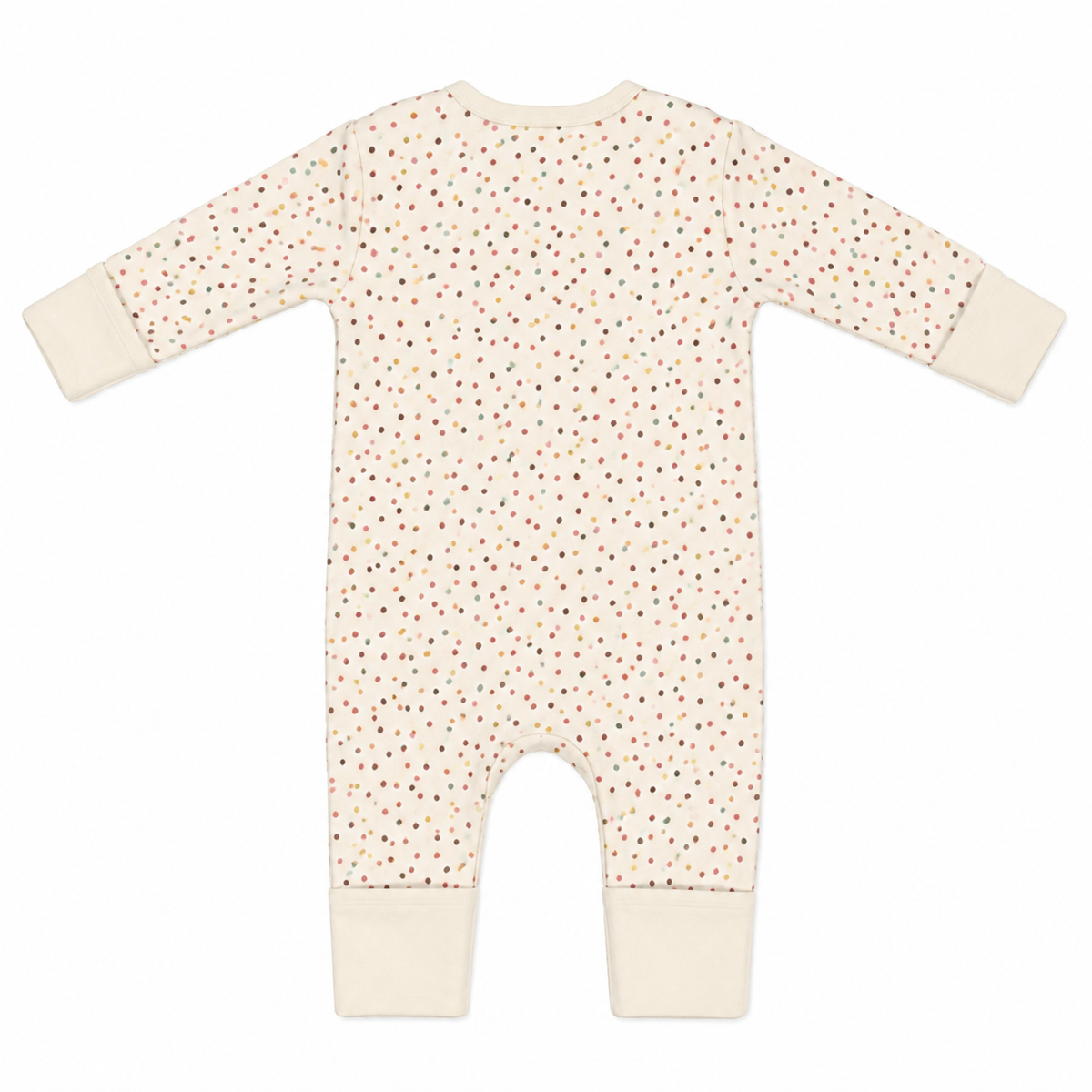 A long-sleeve baby romper in cream with a small multicolor polka dot pattern and solid cream cuffs and leg openings, shown flat on a white background.