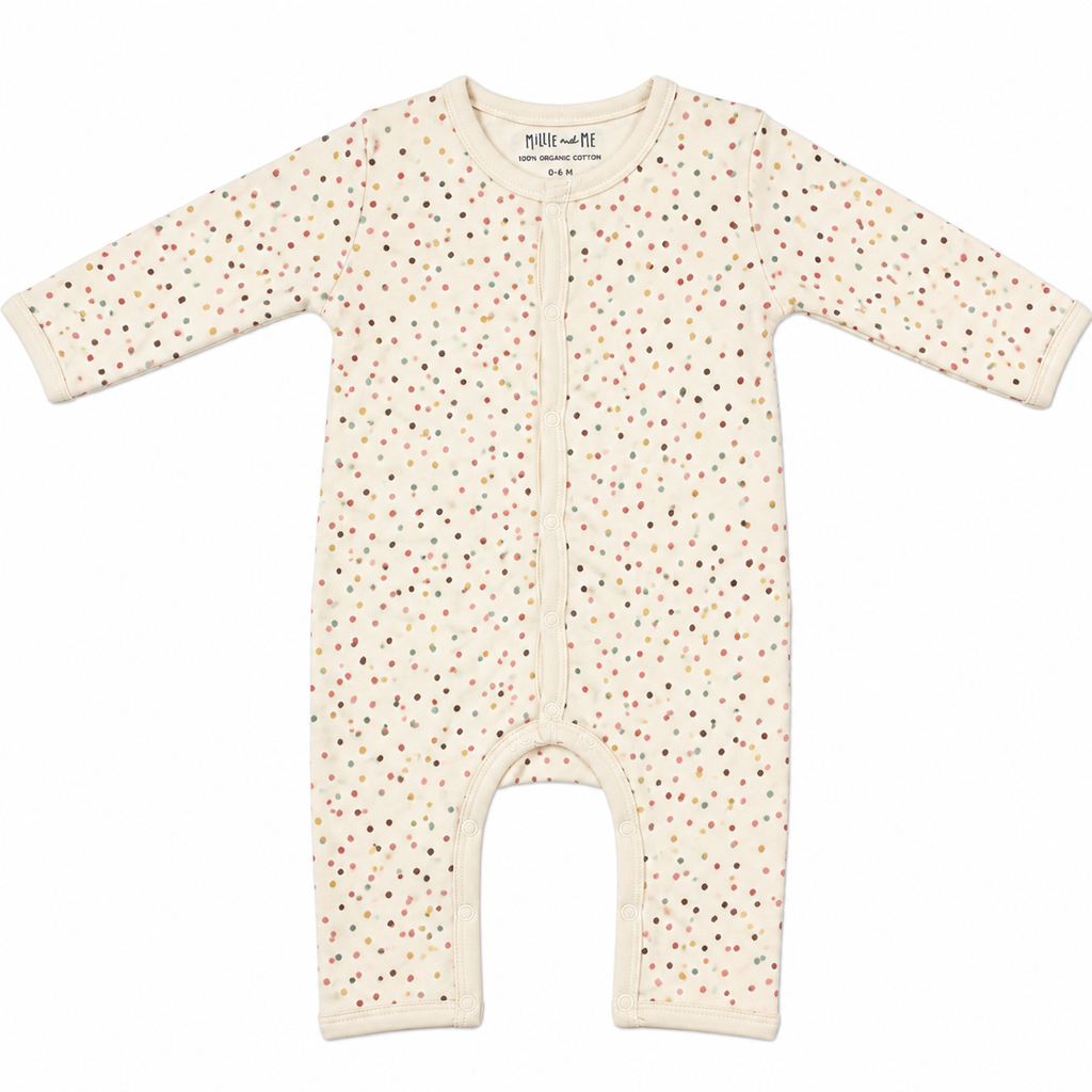 A long-sleeve baby footless one-piece sleeper in cream with a scattered multicolor dot pattern, featuring a front zipper and ribbed cuffs and leg openings.