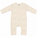 A long-sleeve baby footless one-piece sleeper in cream with a scattered multicolor dot pattern, featuring a front zipper and ribbed cuffs and leg openings.