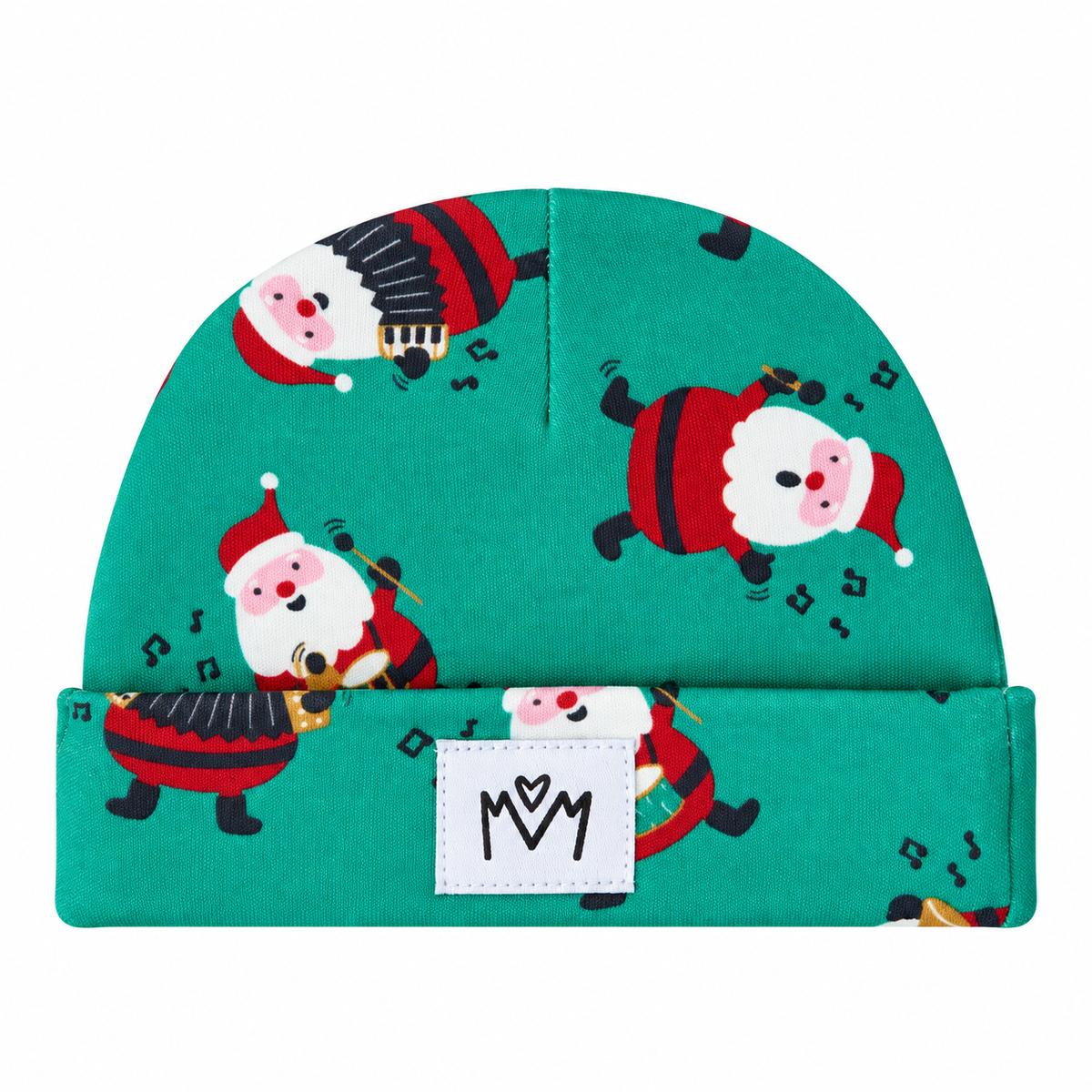 Millie and Me green organic cotton baby hat with festive Santa Claus print