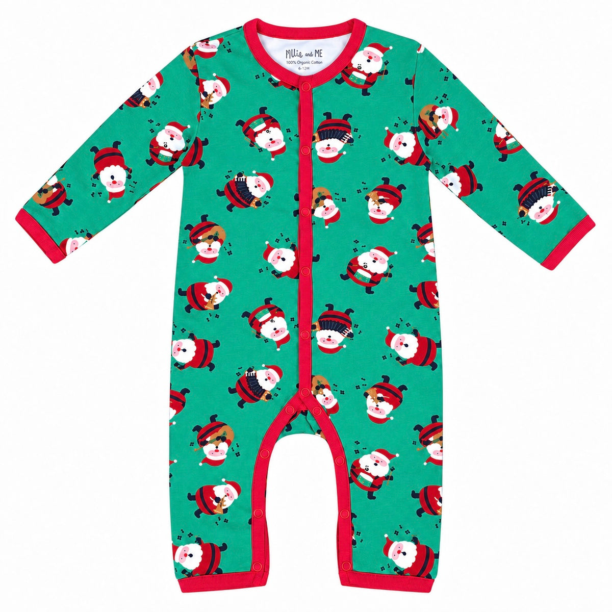Millie and Me green organic cotton baby romper with Santa Claus print and red popper fastening