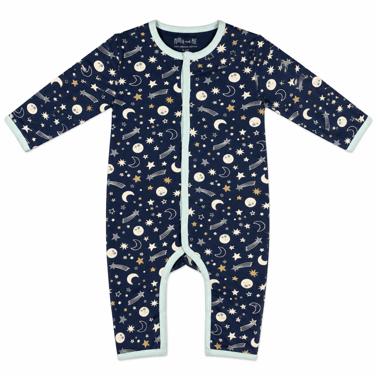 A baby long-sleeve footless one-piece sleeper in navy blue with a celestial print of stars, moons, and shooting stars, finished with light blue trim.