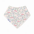 A triangular baby bandana bib with a delicate underwater-themed print featuring pink whales, blue fish, green seaweed, and coral on a cream background. A small white fabric tag on the lower left edge displays the brand 'Mille and Me'.