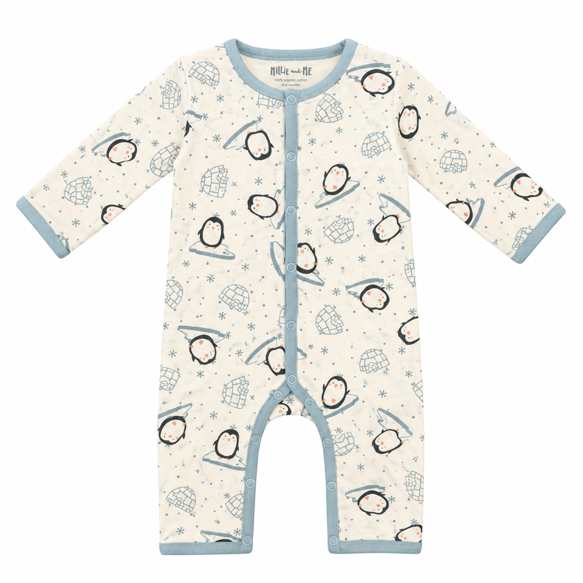 A baby long-sleeve footless one-piece sleeper with a penguin and ice motif on a cream background, featuring light blue trim and snap closures down the front.