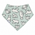 Millie and Me Bandana Bib in Polar Bear – organic cotton baby bib with a playful illustrated polar bear print in cream and black outline on a soft mint green background, Millie and Me label detail