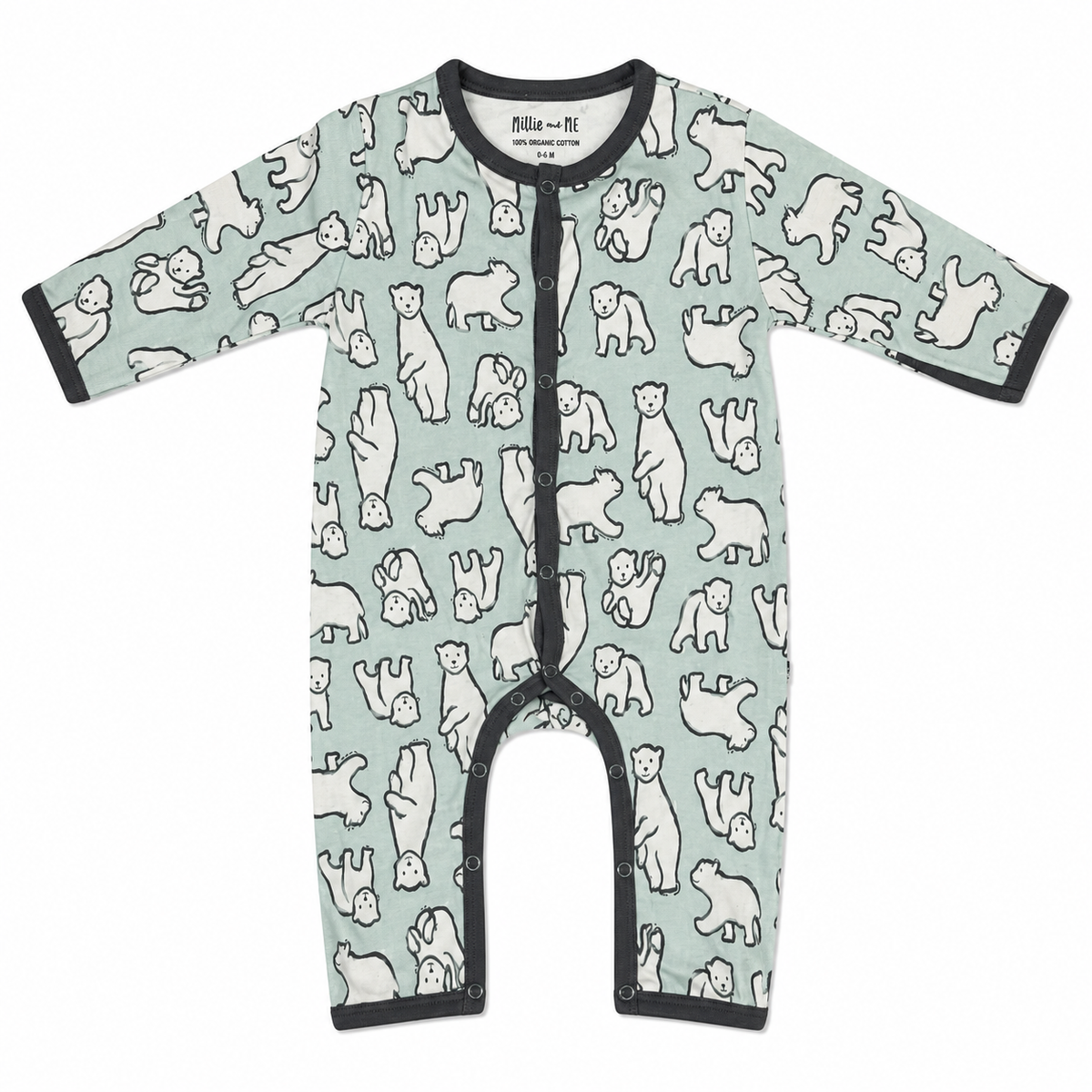 A long-sleeve baby footless one-piece sleeper with an all-over polar bear print on a pale sage green background, featuring dark gray trim and a front snap closure.