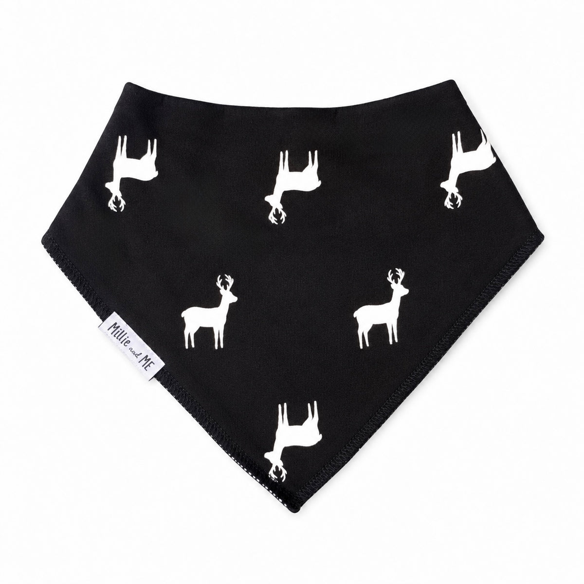 Millie and Me black organic cotton baby bandana bib with white reindeer print
