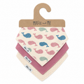 Three baby bandana bibs by Millie and Me, stacked on a brown cardboard hanger. The top bib is cream with a blue and pink whale pattern, the middle is dusty pink, and the bottom is cream with a subtle geometric pattern.