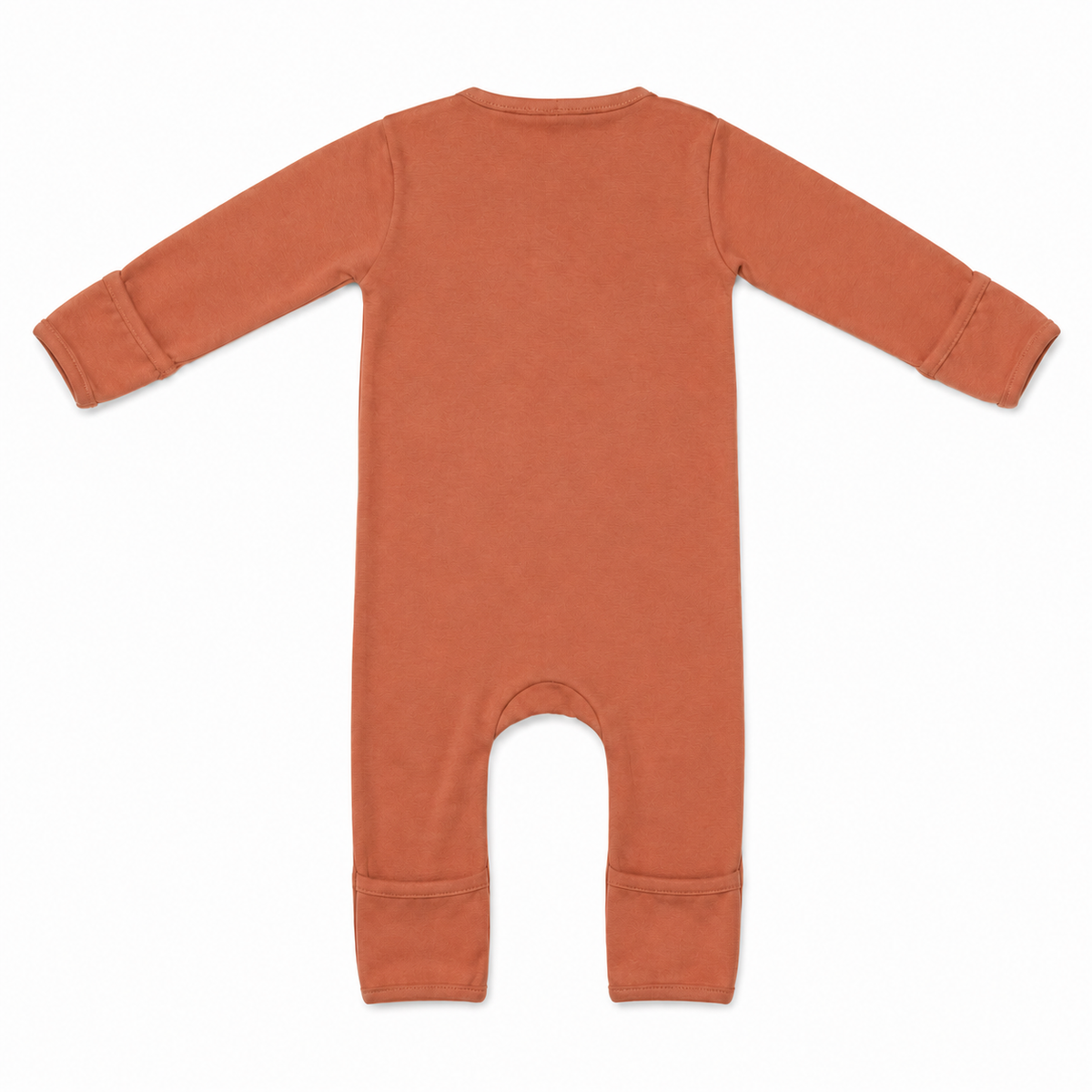 Millie and Me organic cotton baby romper in plain russet terracotta, long sleeves and snap fastening, flat lay on white background