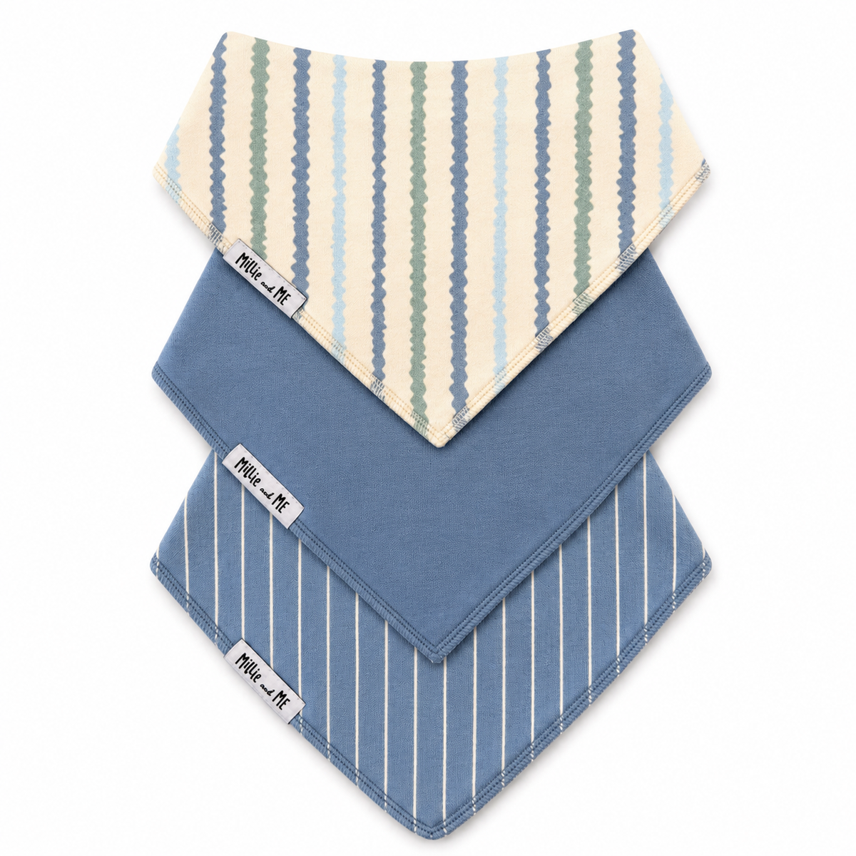 Three reusable baby bandanas from Millie and Me layered on a white background. The top bandana features vertical wavy stripes in cream, sage green, and dusty blue.