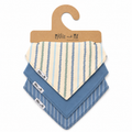 Three baby bandana bibs from Millie and Me on a brown cardboard hanger, featuring a cream striped pattern on top, a dusty blue patterned bib in the middle, and a medium blue striped bib on the bottom.