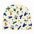 Millie and Me Space Rockets Beanie Hat featuring a cream background with colourful blue, green and yellow rockets, astronauts, planets and space motifs, with a soft folded cuff and Millie and Me logo.