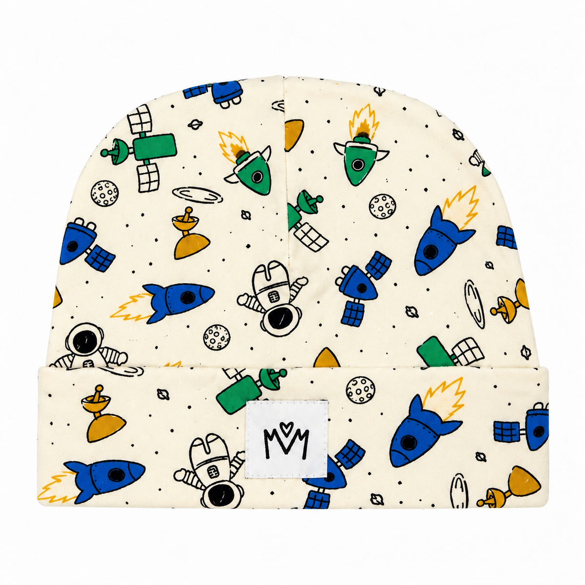 Millie and Me Space Rockets Beanie Hat featuring a cream background with colourful blue, green and yellow rockets, astronauts, planets and space motifs, with a soft folded cuff and Millie and Me logo.