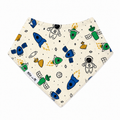 Millie and Me Space Rockets Bandana Bib, featuring a colourful space print with blue, green and yellow rockets, astronauts, planets and satellites on a soft cream background, made from 100% organic cotton with adjustable popper fastening for babies from newborn to 24 months.