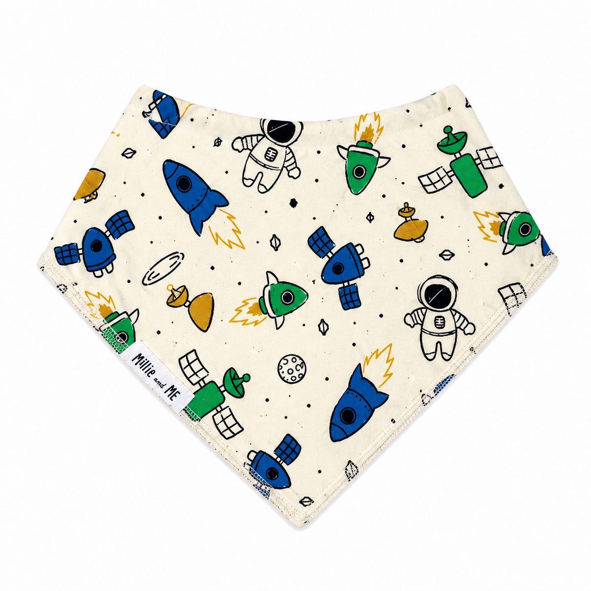 Millie and Me Space Rockets Bandana Bib, featuring a colourful space print with blue, green and yellow rockets, astronauts, planets and satellites on a soft cream background, made from 100% organic cotton with adjustable popper fastening for babies from newborn to 24 months.