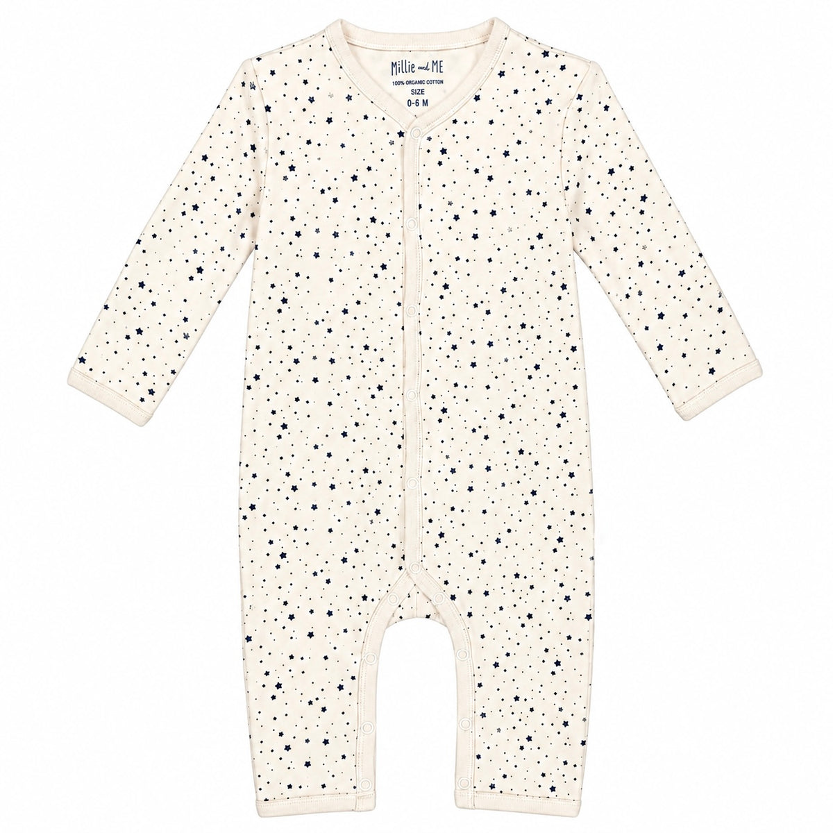 An off-white long-sleeve baby footless one-piece romper with a black speckled star pattern, featuring a front zipper and ribbed cuffs and leg openings.