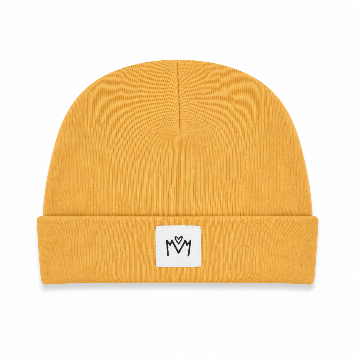 A mustard yellow ribbed knit beanie hat with a folded cuff, featuring a small white square patch on the front with a black stylized logo.