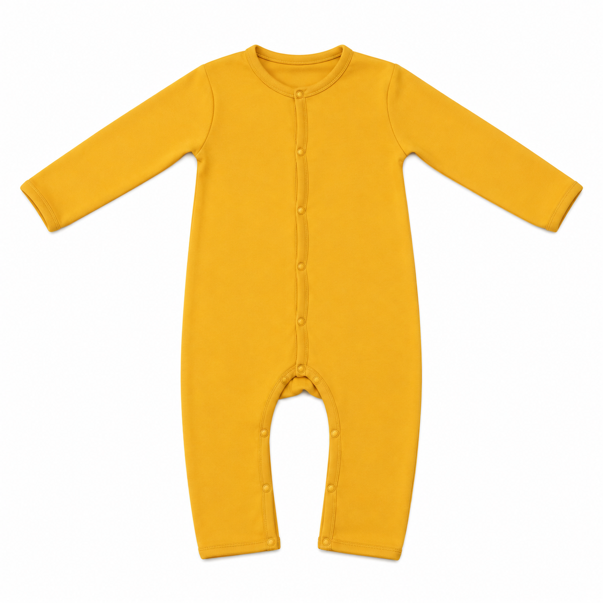 A long-sleeve baby romper in solid mustard yellow, featuring a snap-button front closure and leg openings, laid flat on a white background.