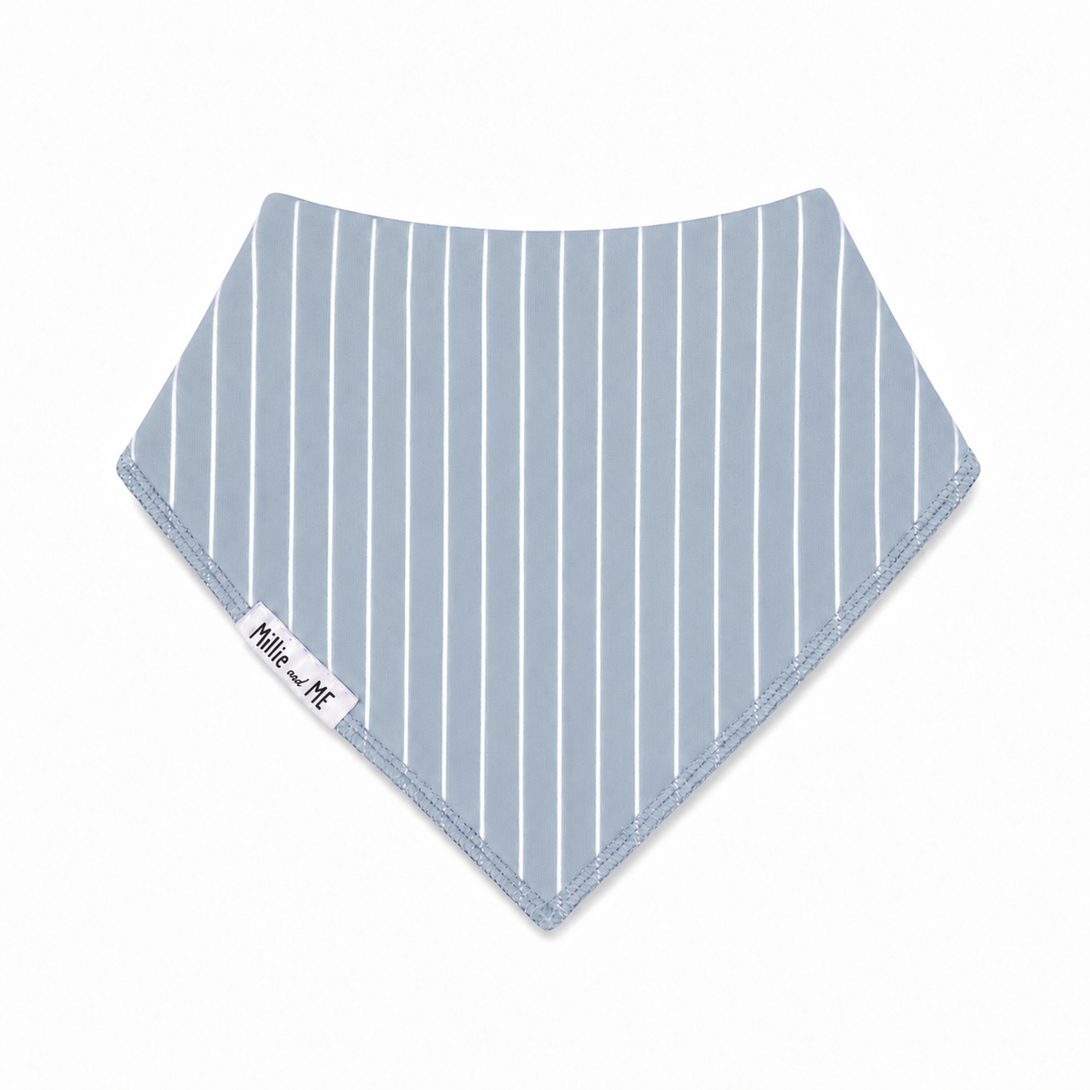 Millie and Me Vertical Stripe Citadel Bandana Bib, featuring a soft blue-grey vertical stripe pattern, 100% organic cotton front and adjustable nickel-free poppers for babies from newborn to 24 months.