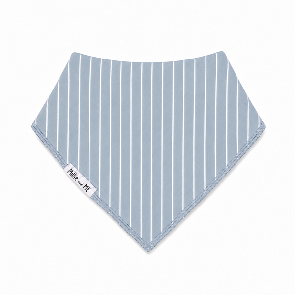 Millie and Me Vertical Stripe Citadel Bandana Bib, featuring a soft blue-grey vertical stripe pattern, 100% organic cotton front and adjustable nickel-free poppers for babies from newborn to 24 months.