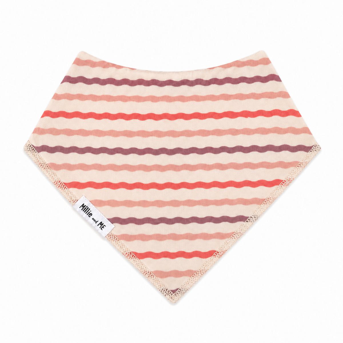 Millie and Me Wavy Stripe Ash Rose Bandana Bib, featuring a playful wavy stripe pattern in soft ash rose, blush pink and muted plum tones on a cream background, with a 100% organic cotton front and adjustable nickel-free poppers for babies from newborn to 24 months.